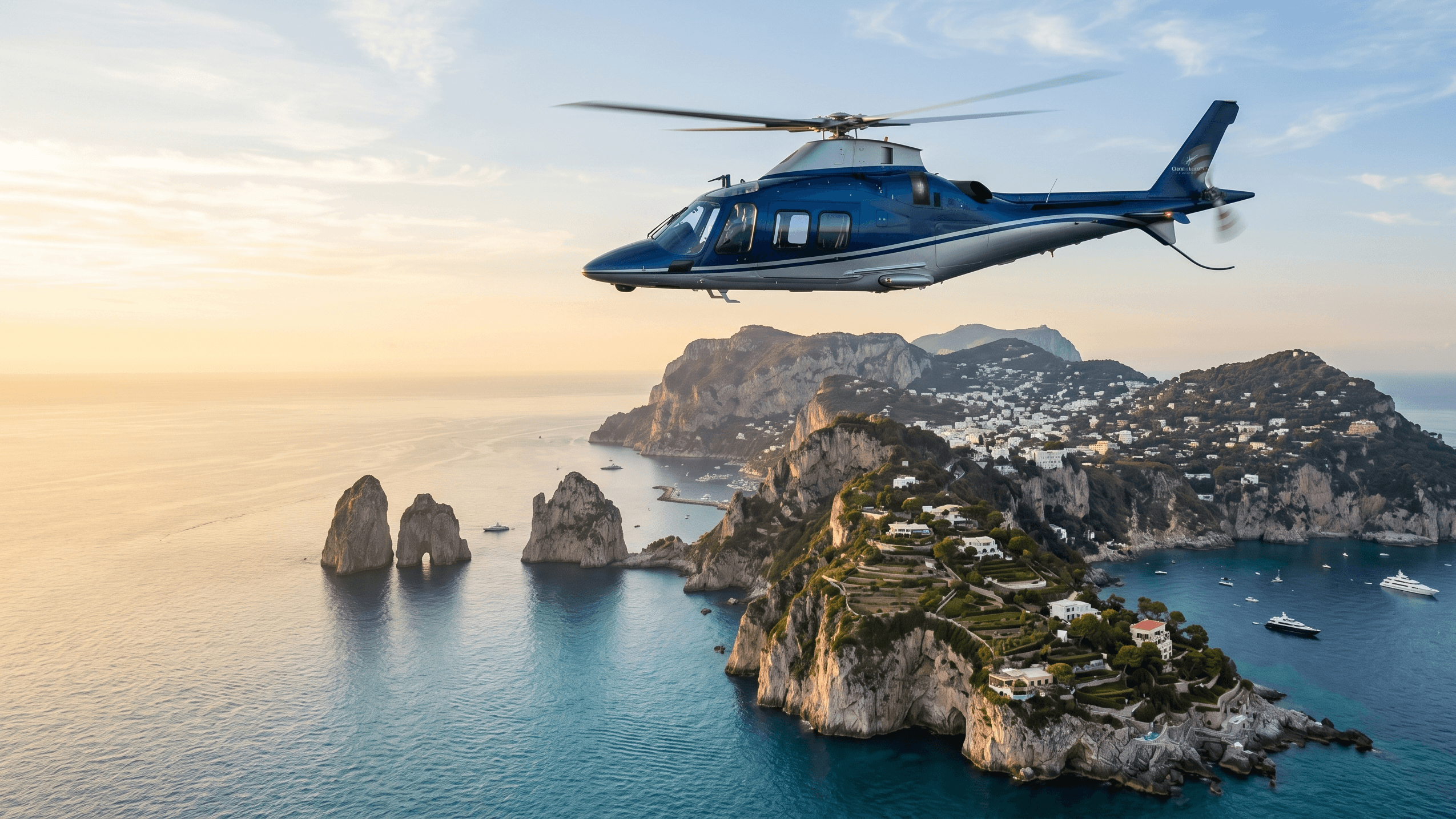 Elicottero in volo sulla costa verso Capri al tramonto